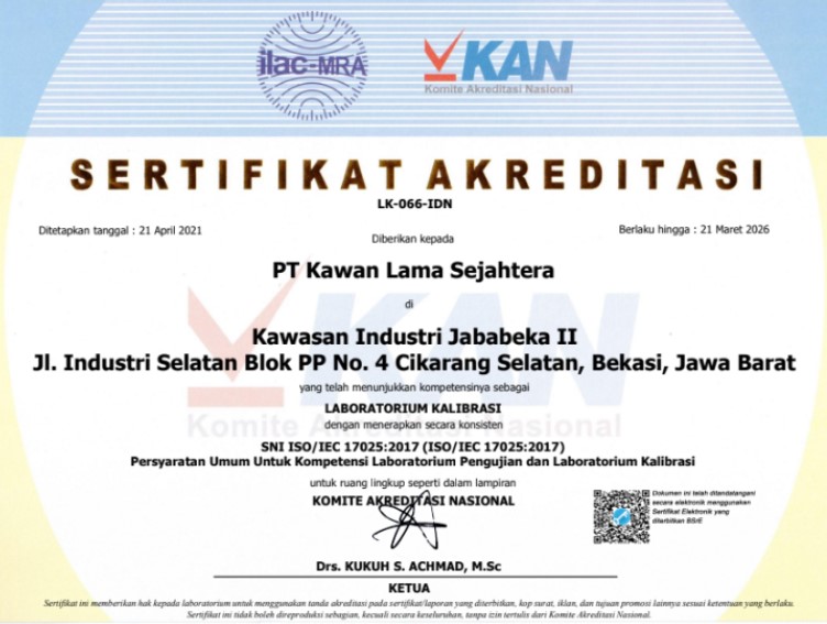 sertifikat akreditasi KAN PT Kawan Lama Sejahtera