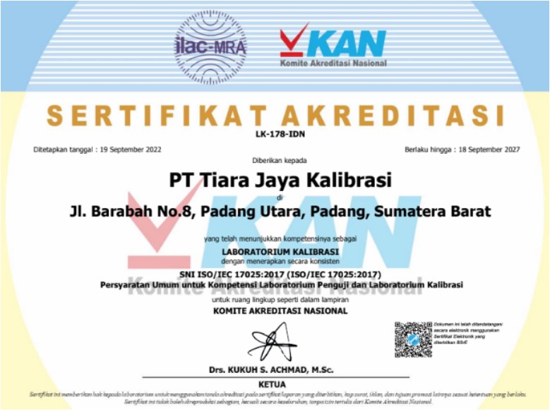 sertifikat akreditasi KAN PT Tiara Jaya Kalibrasi